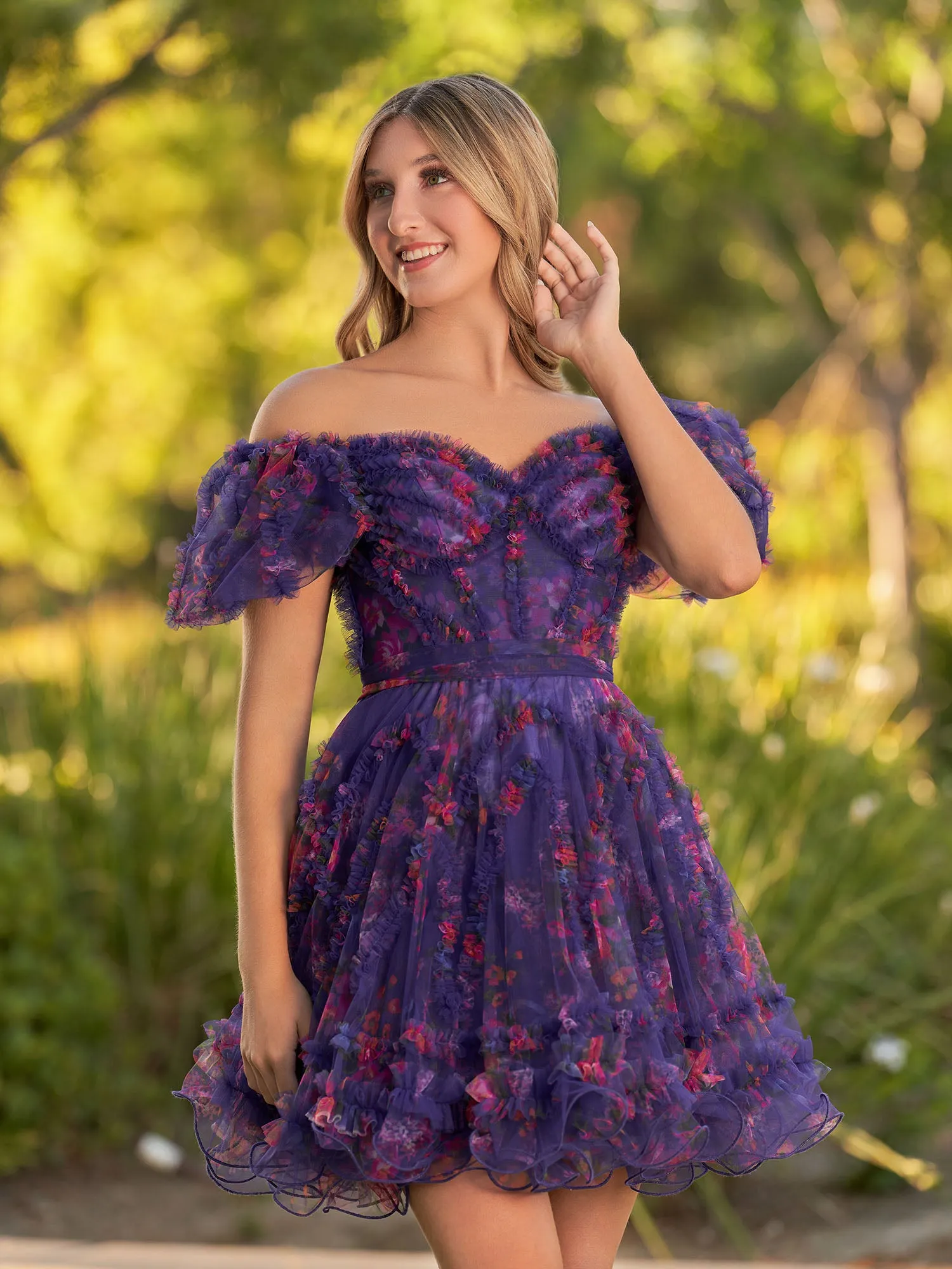 Ivana | A Line Off the Shoulder Printed Tulle Short Homecoming Dress