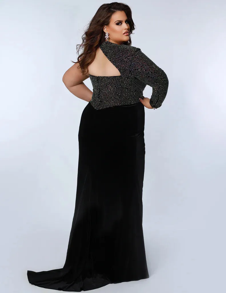 Johnathan Kayne for Sydney's Closet JK2307 Dress by Johnathan Kayne Asymmetrical Waistline With Ruching Fitted Skirt High Slit Stretch Velvet Plus Size Formal Dress