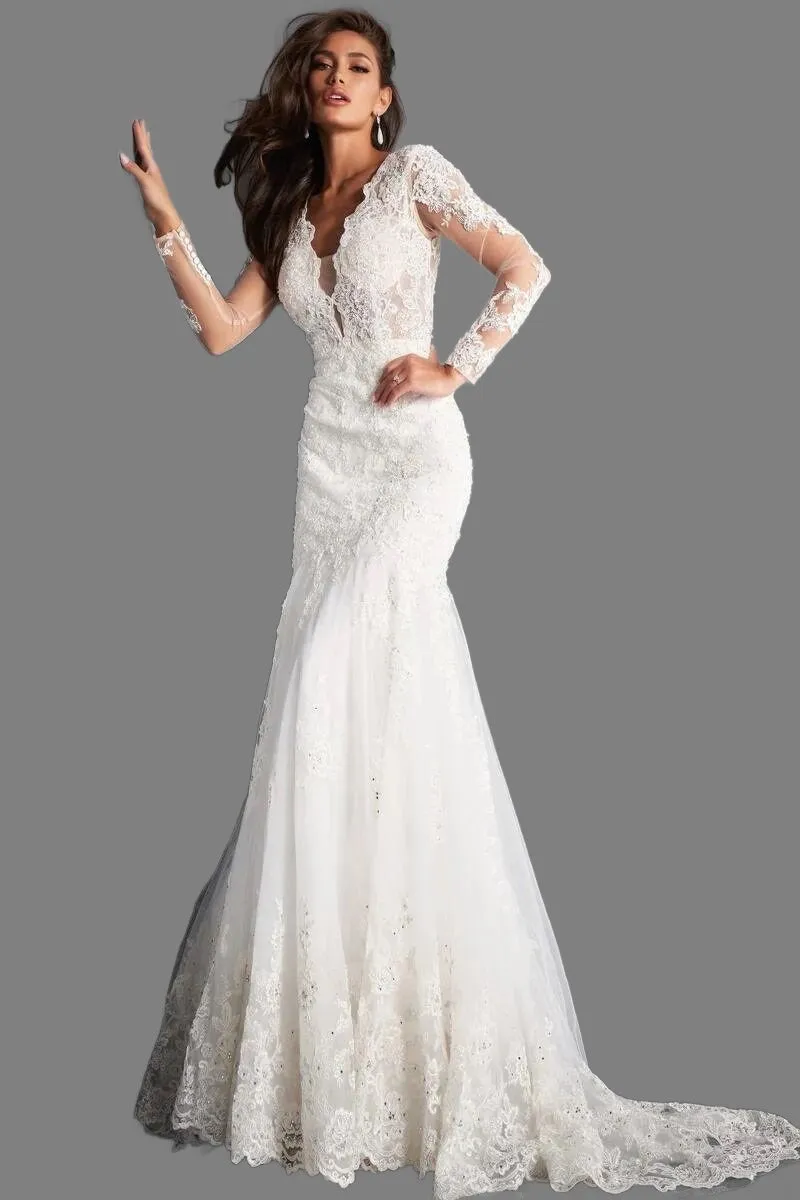 Jovani Bridal JB02579 size 8 Long Sleeve Lace Mermaid Wedding Dress Backless V Neck