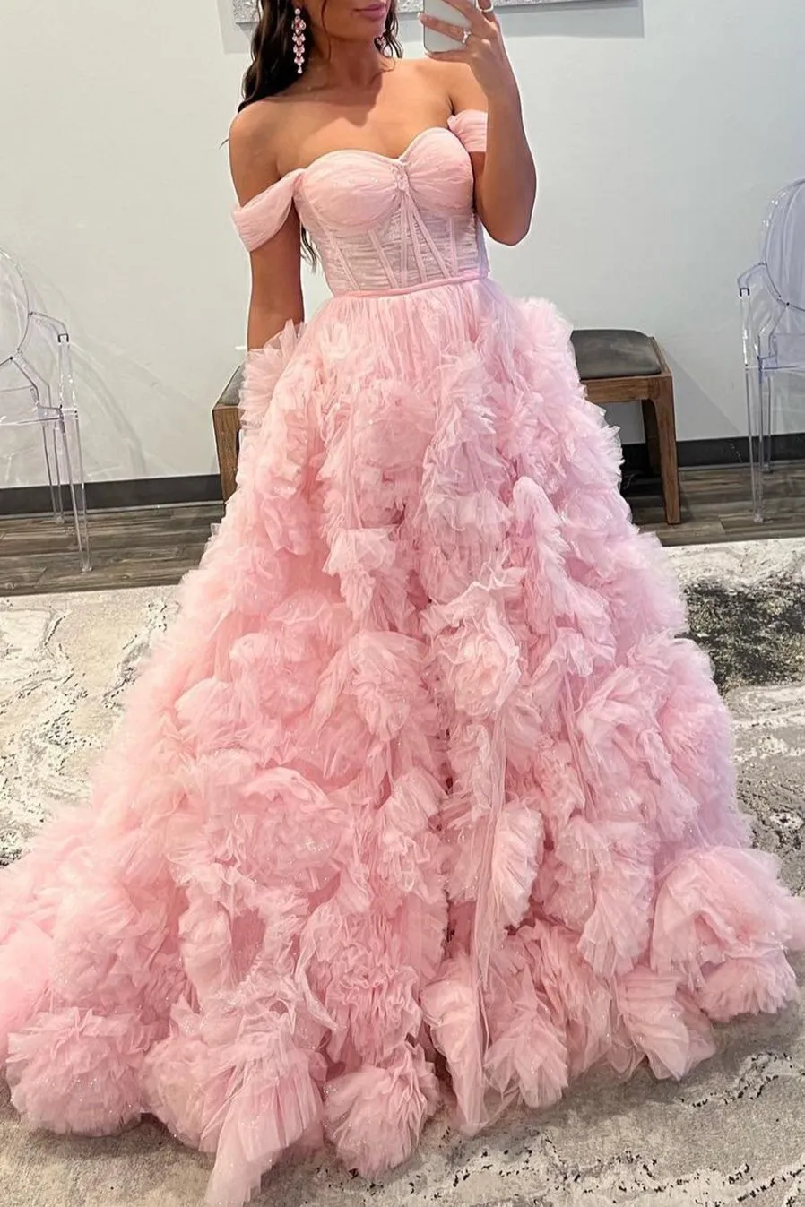 Kenia |A Line Off the Shoulder Ruffled Tulle Prom Dress with Slit