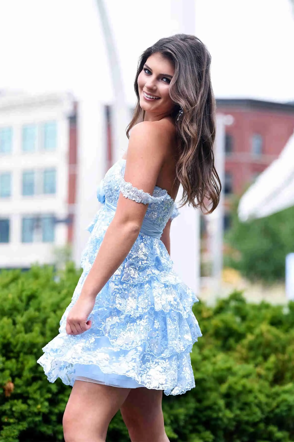 Light Blue Rosette Sequin Baby Doll Short Party Dress