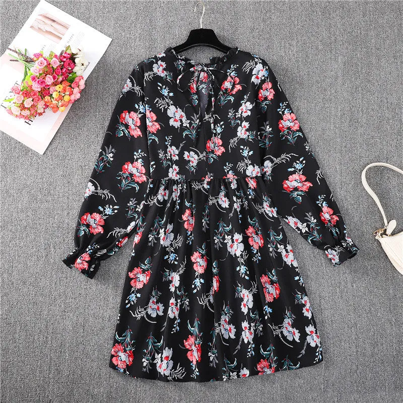 Long Sleeve High Waist Loose Floral Dress