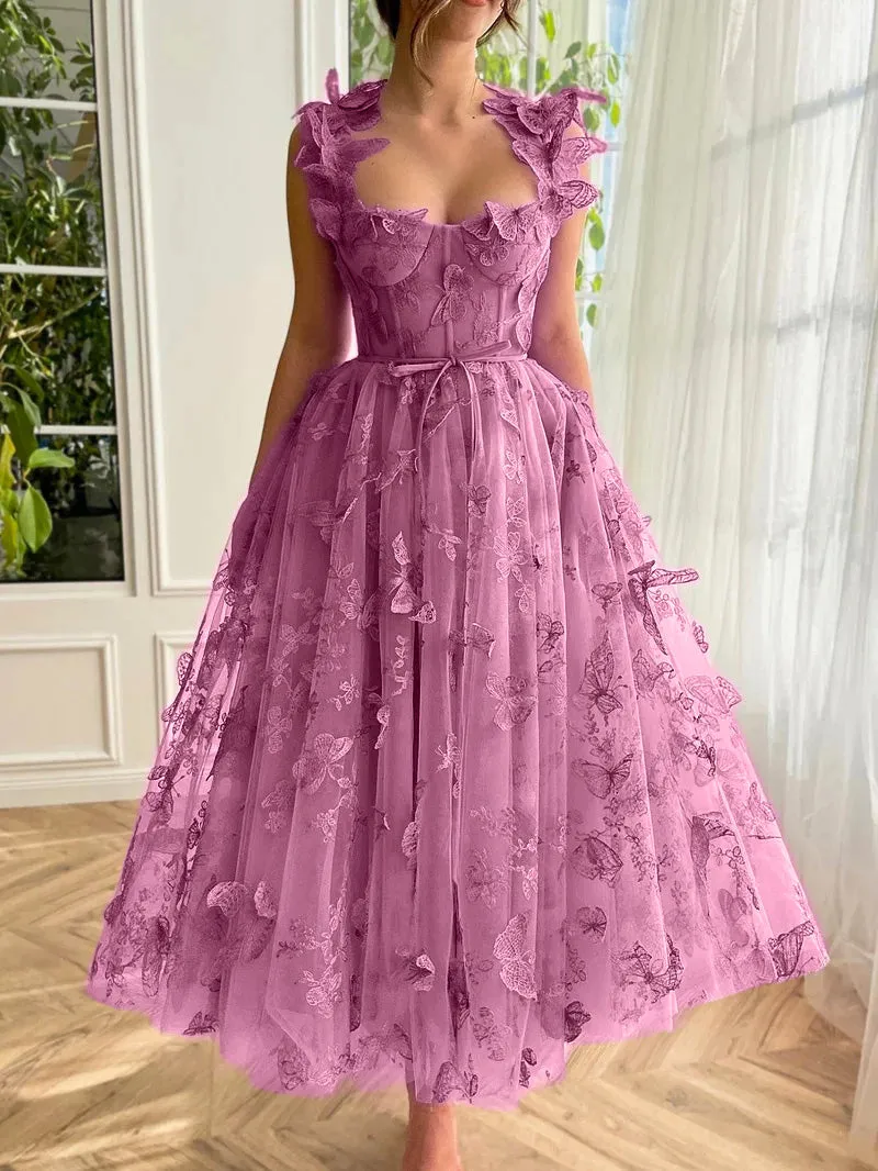 Lydia | Candy Pink A-line Butterfly Lace Lilac Corset Prom Dress with Slit