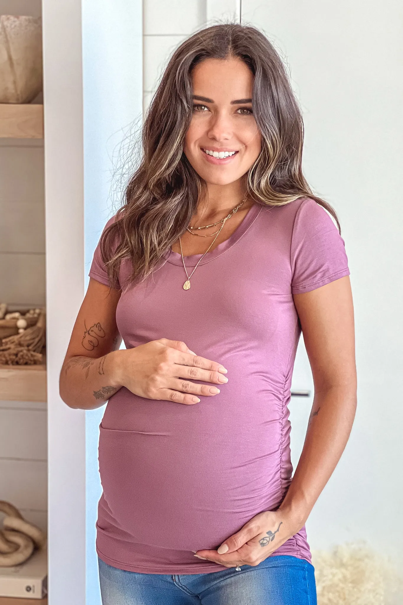 Mauve Round Neck Ruched Side Maternity Top