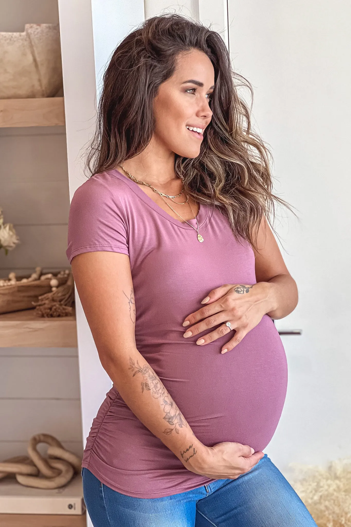 Mauve Round Neck Ruched Side Maternity Top