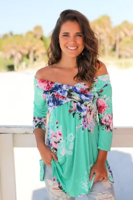 Mint Floral Off Shoulder Top