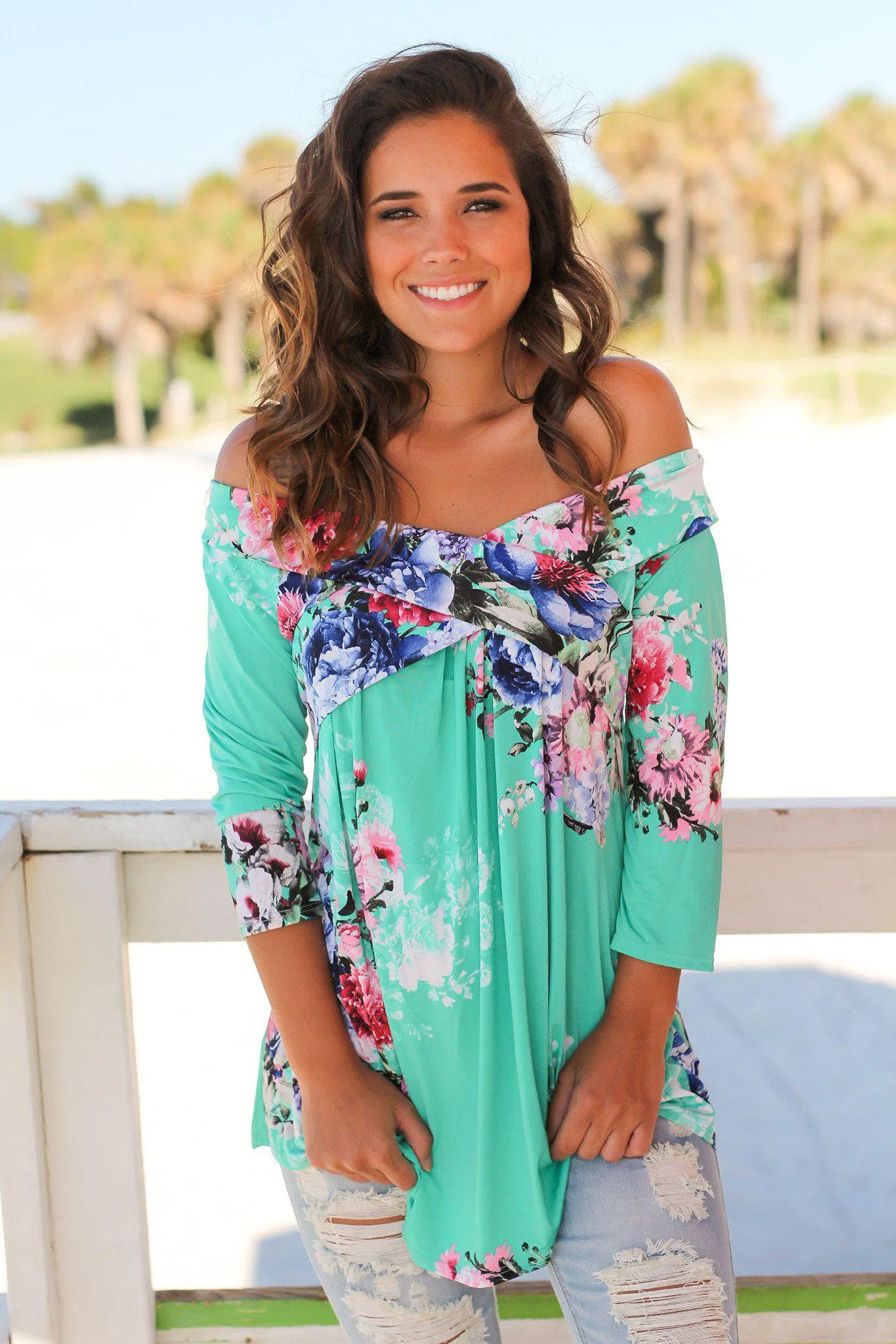 Mint Floral Off Shoulder Top