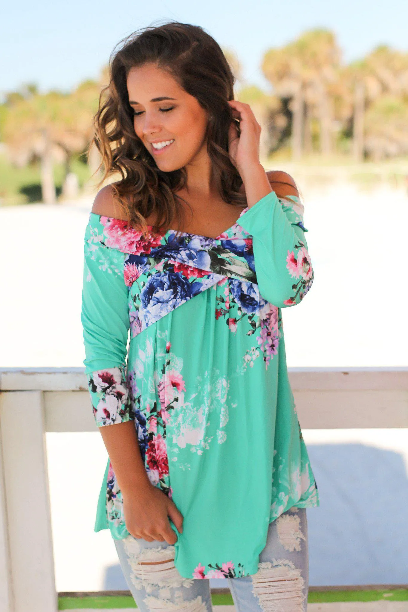 Mint Floral Off Shoulder Top