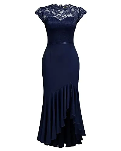 Miusol Women's Retro Floral Lace Ruffle Style Bridesmaid Party Maxi Dress (Large, Navy Blue)