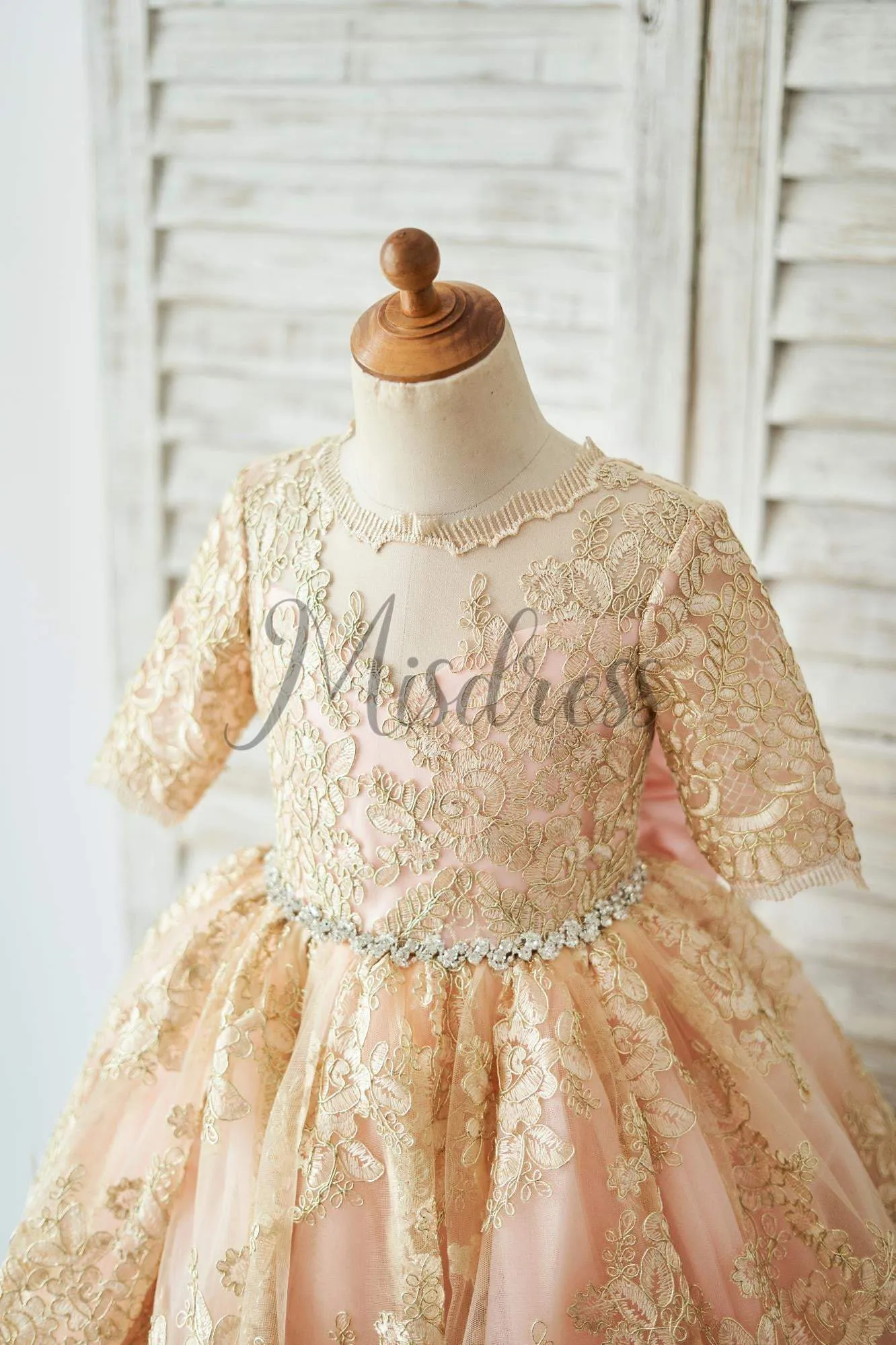 Modest Gold Lace Pink Lining Short Sleeves V Back Wedding Flower Girl Dress