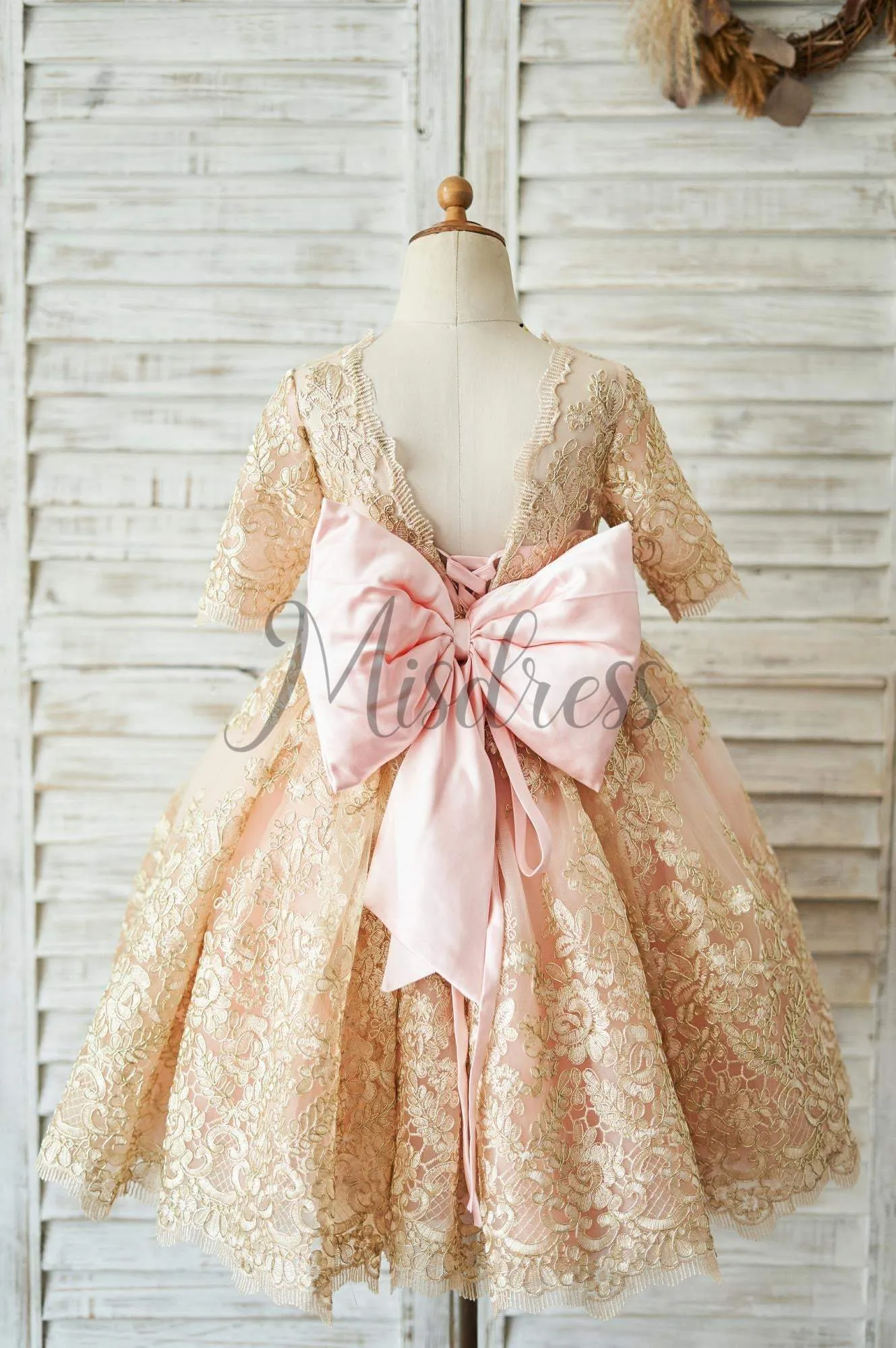 Modest Gold Lace Pink Lining Short Sleeves V Back Wedding Flower Girl Dress