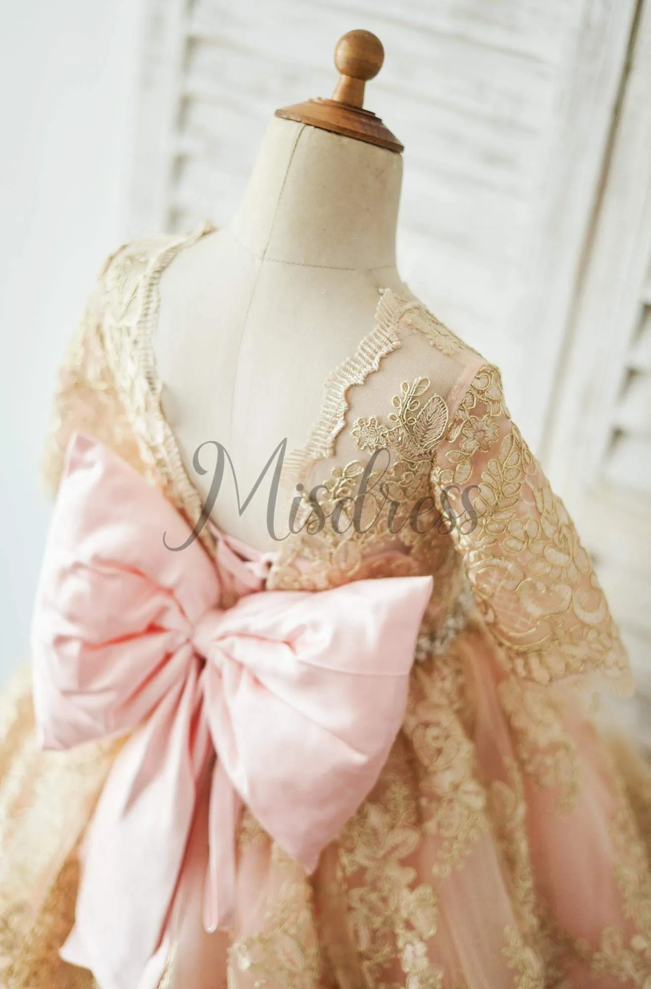 Modest Gold Lace Pink Lining Short Sleeves V Back Wedding Flower Girl Dress