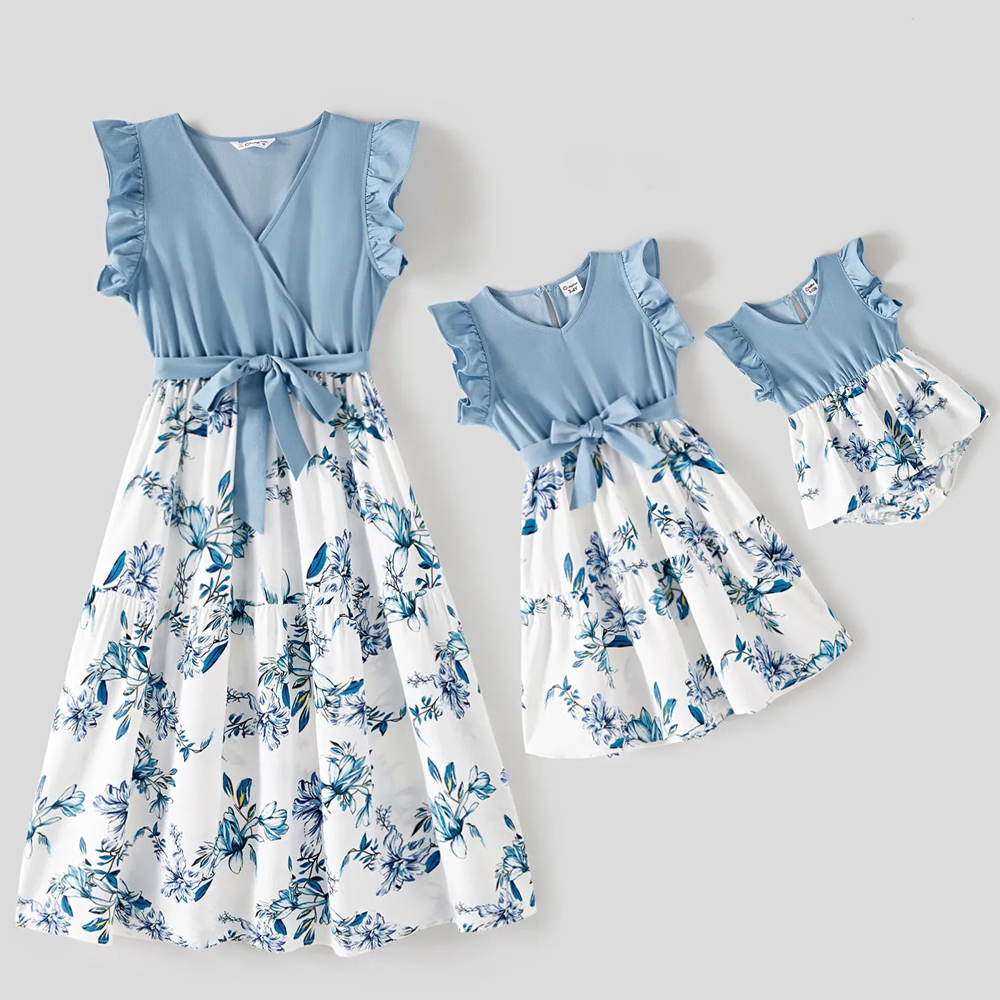 Mommy and Me Floral Print V Neck Ruffle Trim Dresses