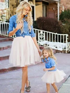 Mommy And Me Matching Long Sleeve Denim Tutu Skirt Set