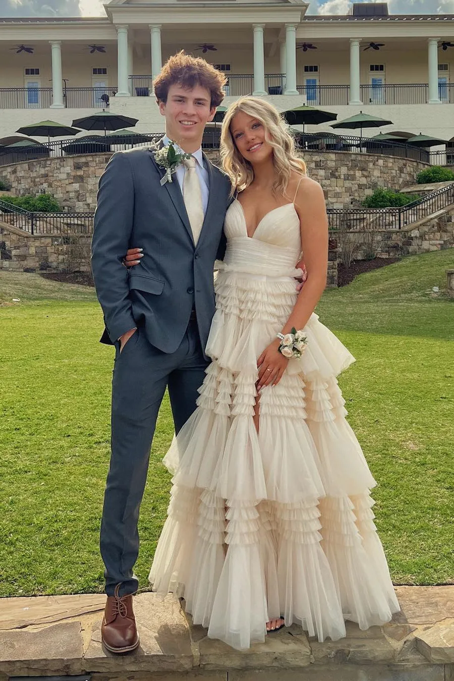 Navy Blue Tiered Ruffle Long Ball Gown with Straps