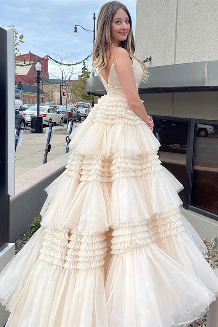 Navy Blue Tiered Ruffle Long Ball Gown with Straps