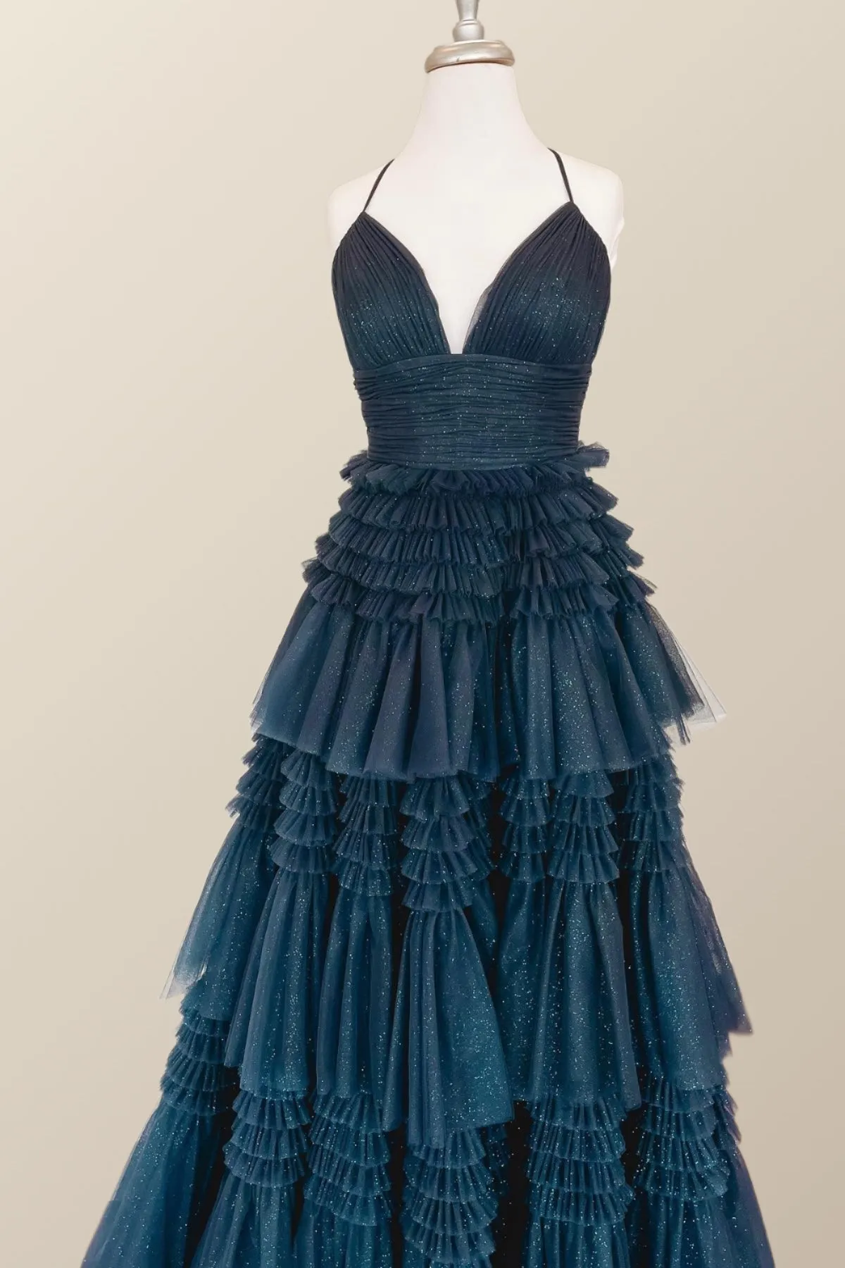 Navy Blue Tiered Ruffle Long Ball Gown with Straps