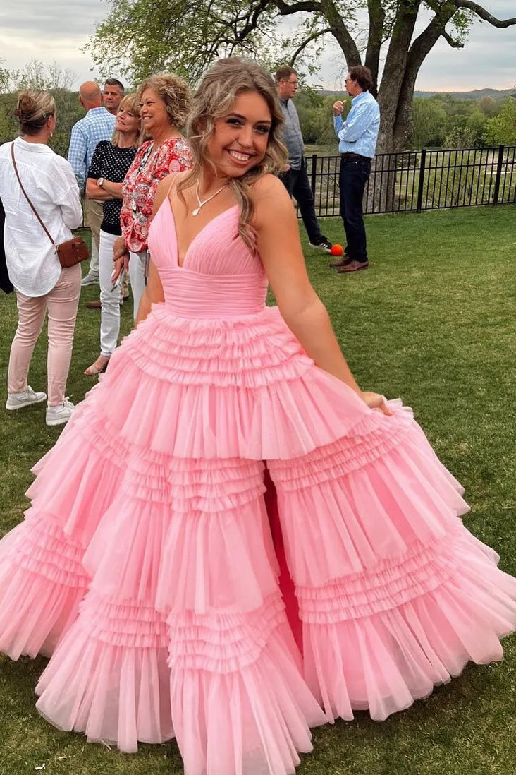 Navy Blue Tiered Ruffle Long Ball Gown with Straps