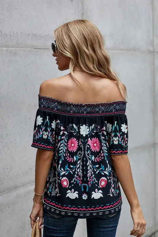 Off Shoulder Floral Top - Black