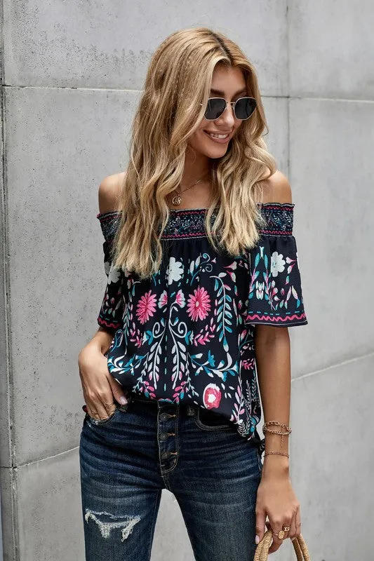 Off Shoulder Floral Top - Black