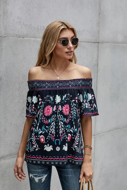 Off Shoulder Floral Top - Black