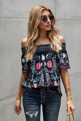 Off Shoulder Floral Top - Black