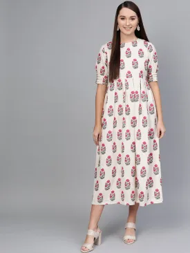 Off-White Multi Colored Buta print Maxi Dress with Round neck & detailed Sleeves