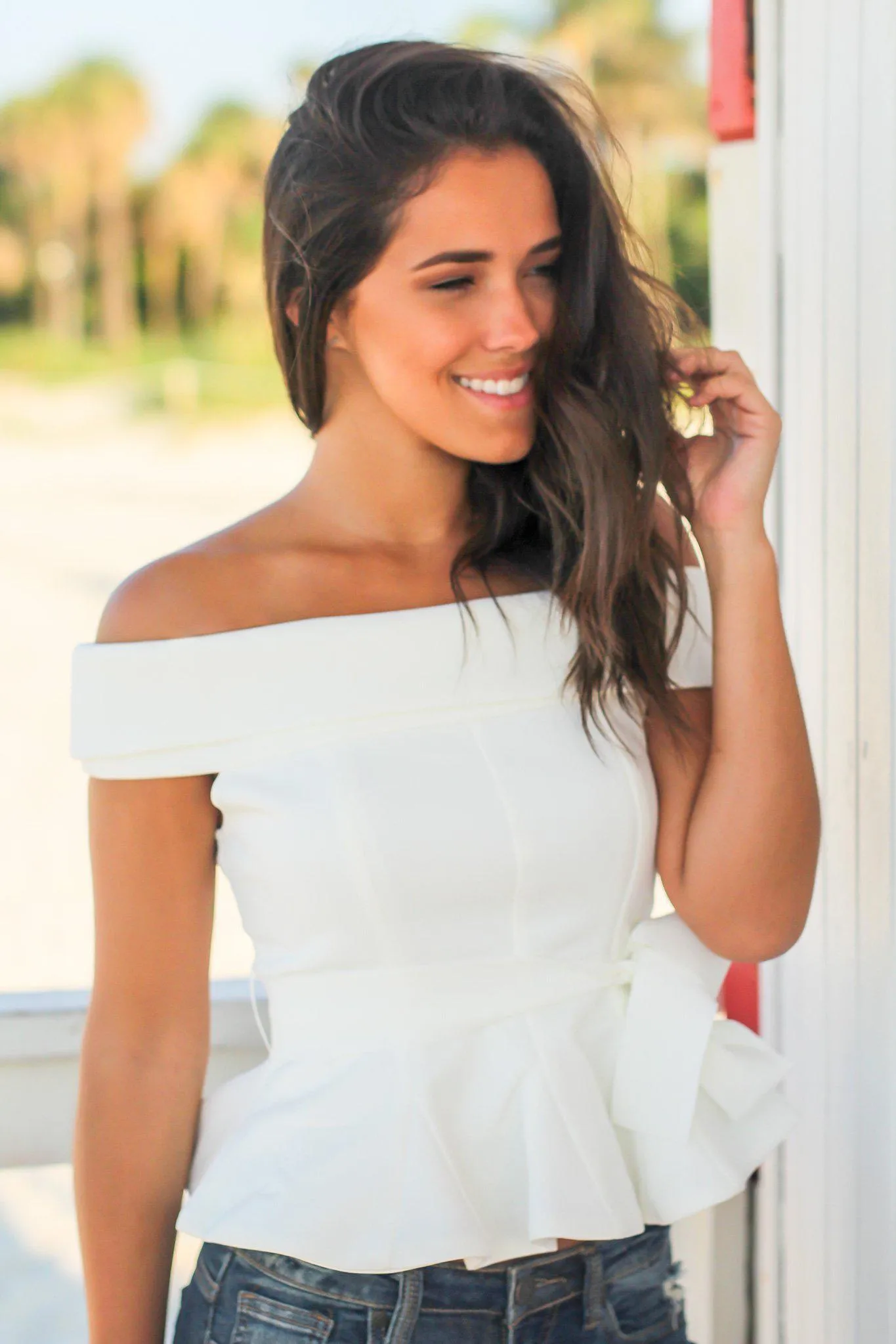 Off White Off Shoulder Peplum Top