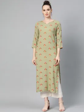 Olive Green Multi Colored Printed Kurta With Round Neck With V & 3/4 Sleeves