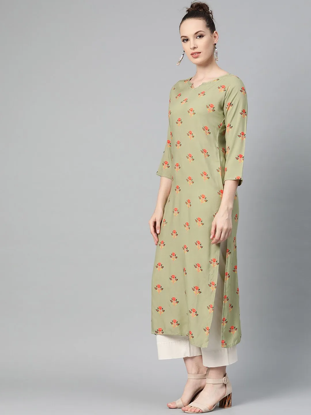 Olive Green Multi Colored Printed Kurta With Round Neck With V & 3/4 Sleeves