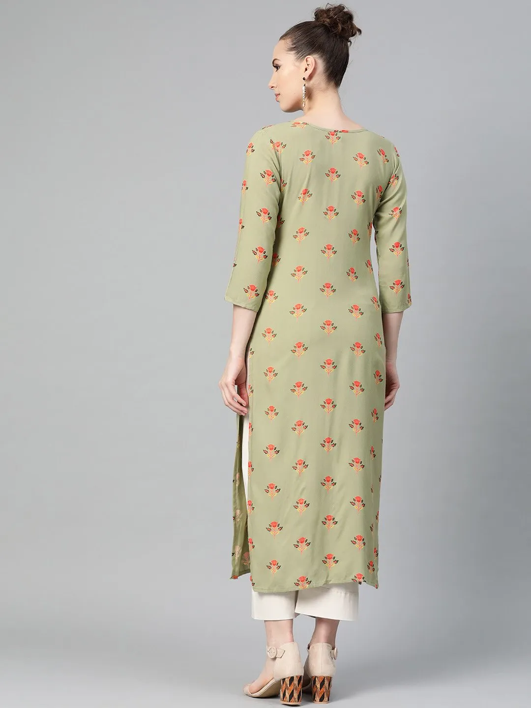 Olive Green Multi Colored Printed Kurta With Round Neck With V & 3/4 Sleeves