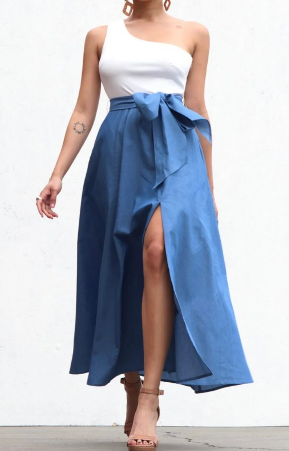 One shoulder denim skirt dress