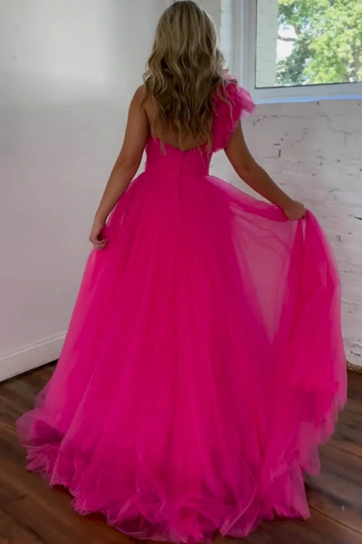 One Shoulder Hot Pink Tulle Long Prom Dress with High Slit, Long Hot Pink Formal Graduation Evening Dress A2103