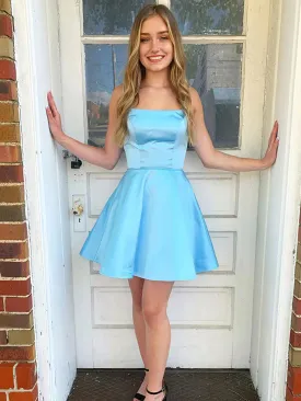 Open Back Short Blue Prom Homecoming Dresses, Backless Blue Formal Graduation Evening Dresses