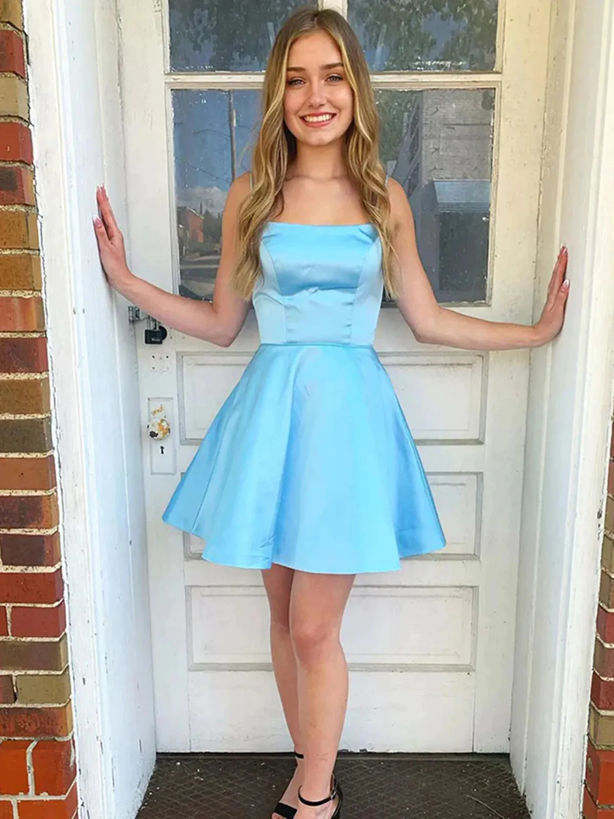 Open Back Short Blue Prom Homecoming Dresses, Backless Blue Formal Graduation Evening Dresses