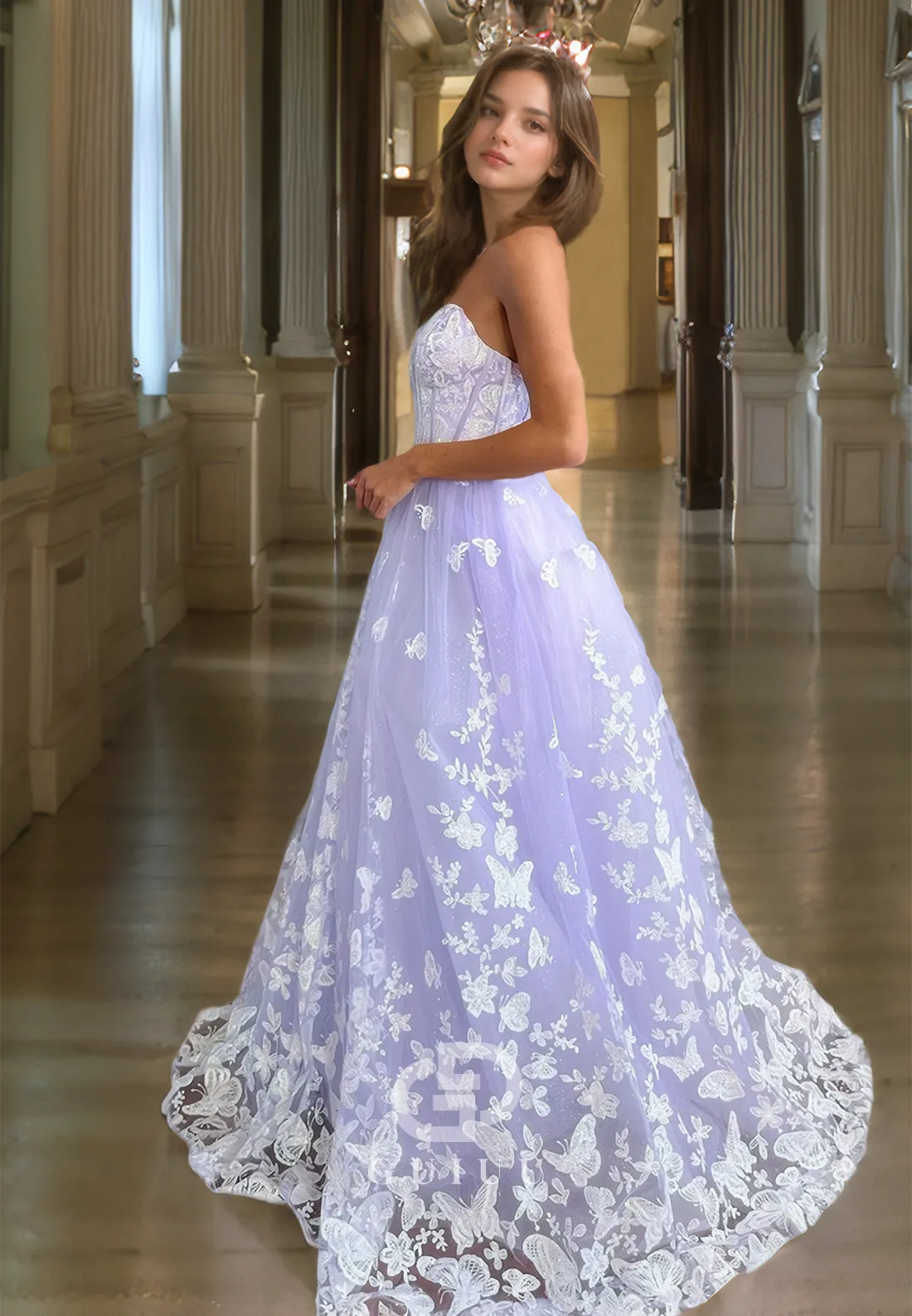 Ornate A-Line Sweetheart Lavender Sequined Floral Embroidered Sleeveless Prom Dress