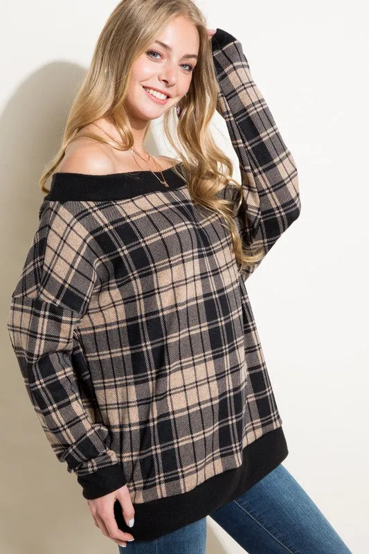 Plus Plaid Off Shoulder Top