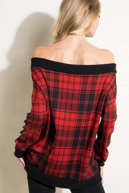 Plus Plaid Off Shoulder Top