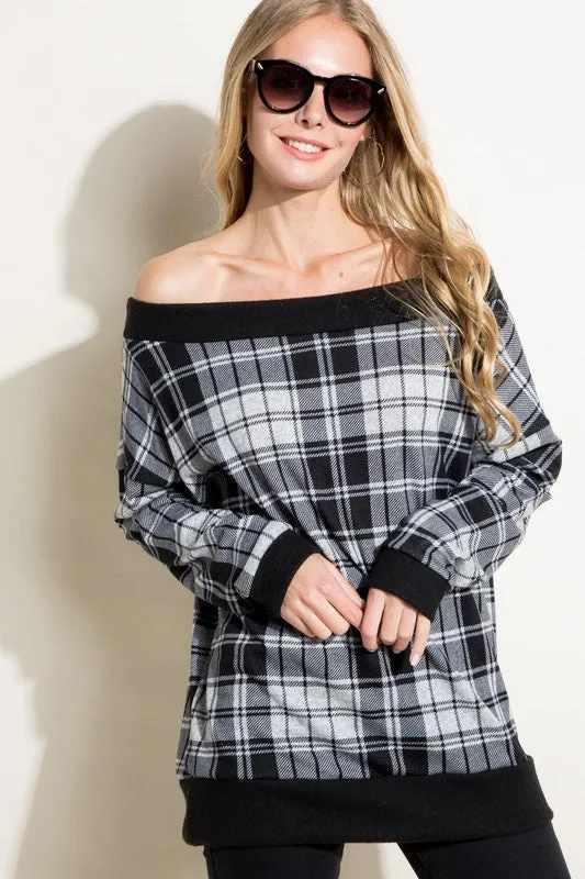 Plus Plaid Off Shoulder Top