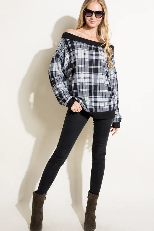 Plus Plaid Off Shoulder Top