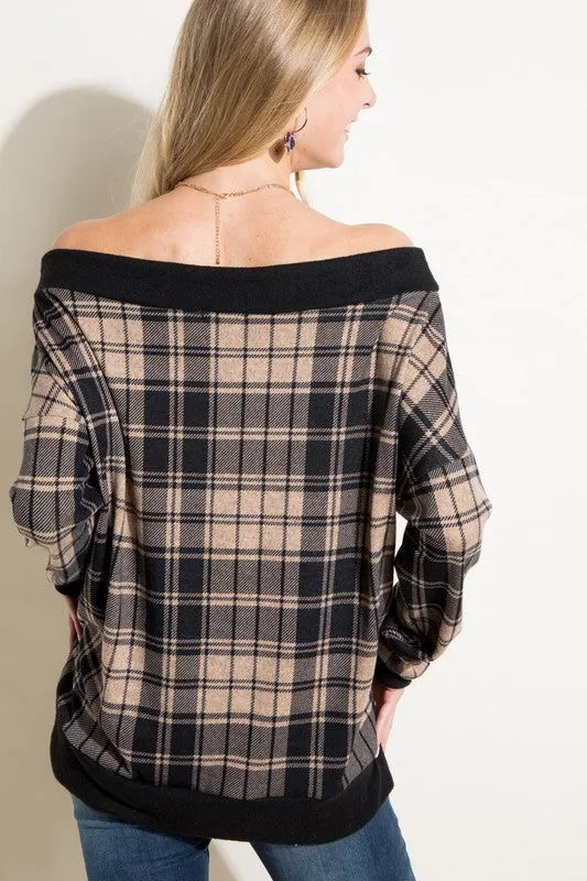 Plus Plaid Off Shoulder Top