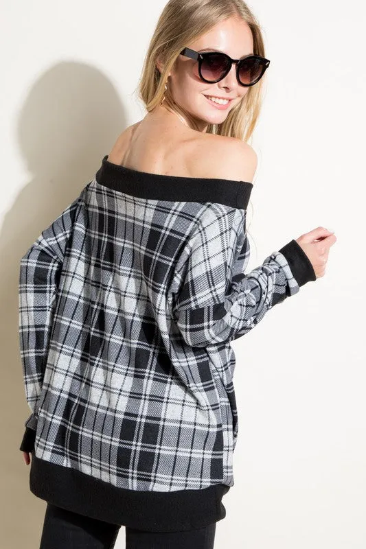 Plus Plaid Off Shoulder Top