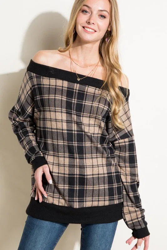 Plus Plaid Off Shoulder Top