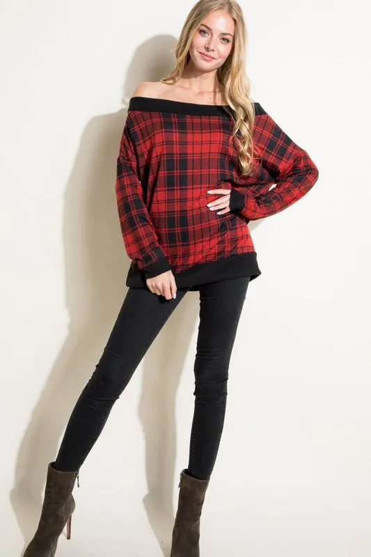 Plus Plaid Off Shoulder Top