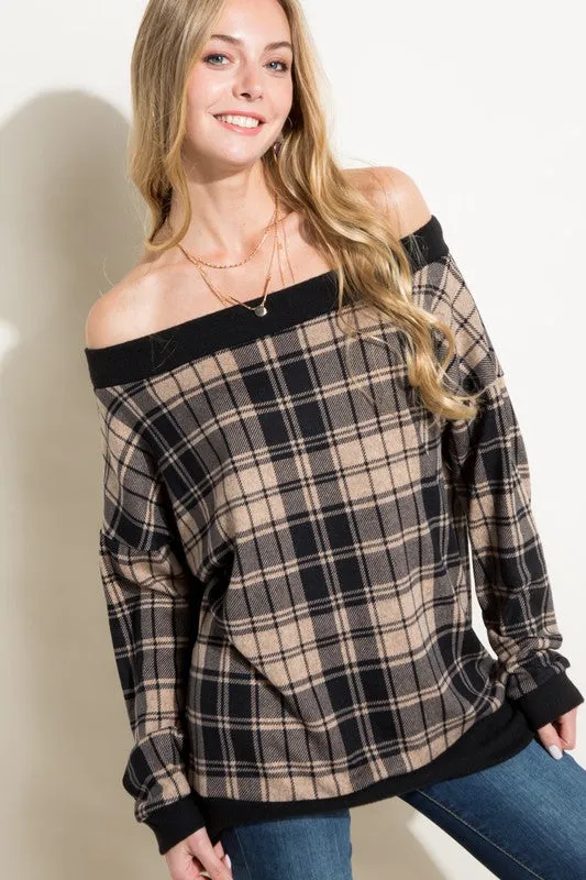 Plus Plaid Off Shoulder Top