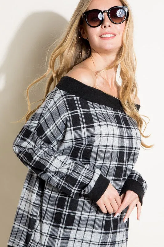 Plus Plaid Off Shoulder Top