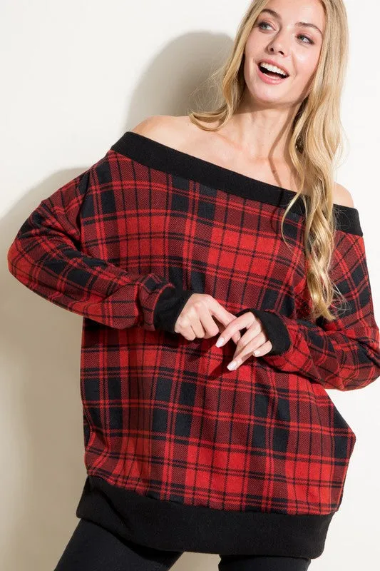 Plus Plaid Off Shoulder Top