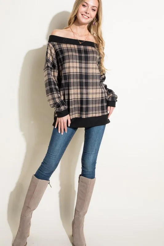 Plus Plaid Off Shoulder Top