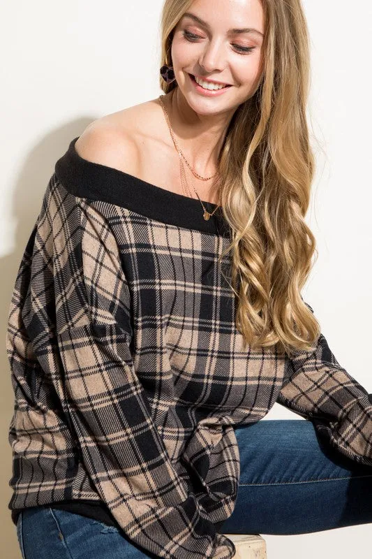 Plus Plaid Off Shoulder Top