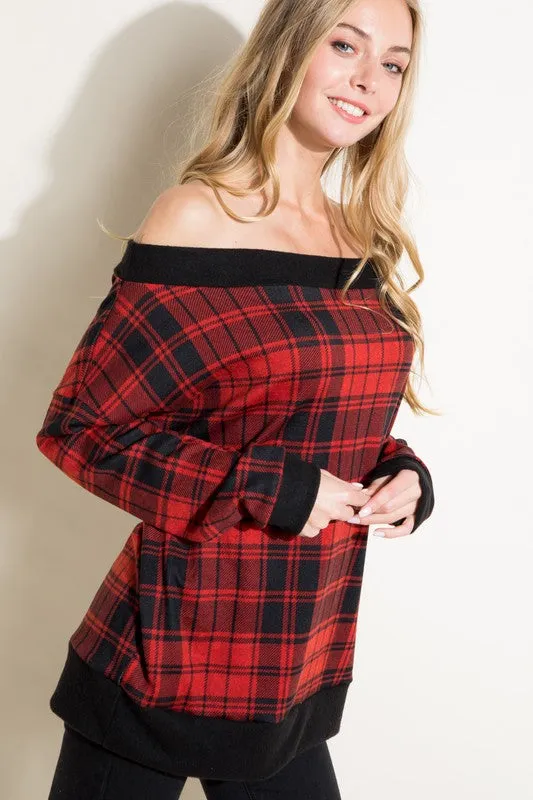 Plus Plaid Off Shoulder Top